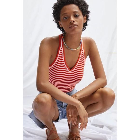 Anthropologie Tops - NEW ANTHROPOLOGIE Maeve V Neck Striped Tank in Red Orange White Motif Size XL